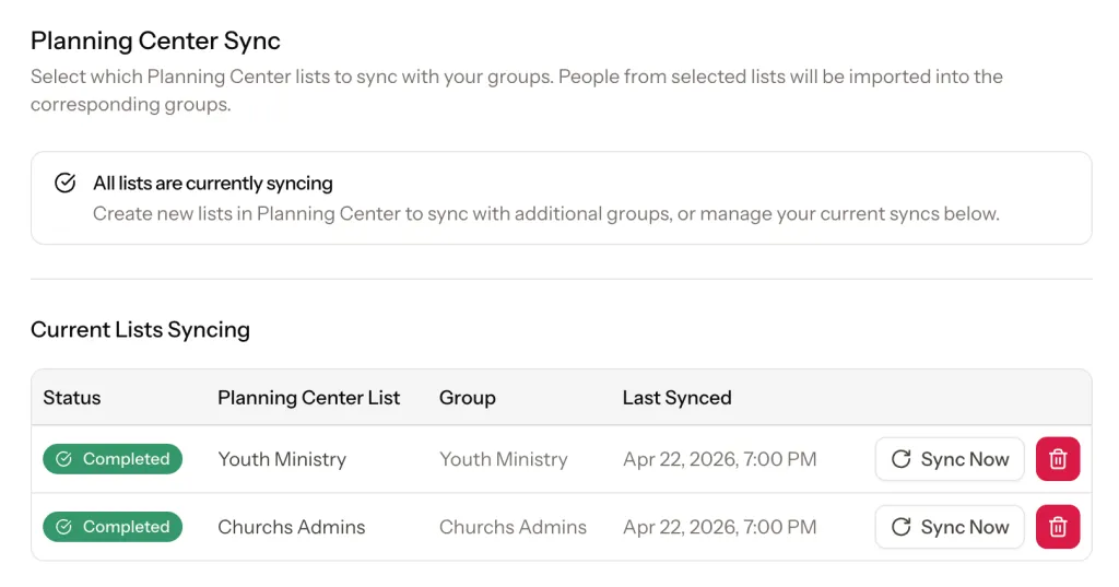 Review active syncs, check the last sync time, and run a manual sync when needed.