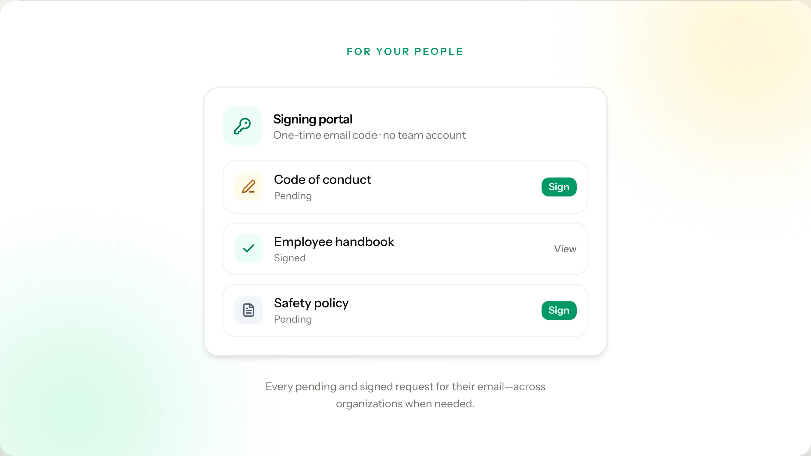 Conceptual illustration: people open a signing portal with a one-time email code to see pending and signed document requests.