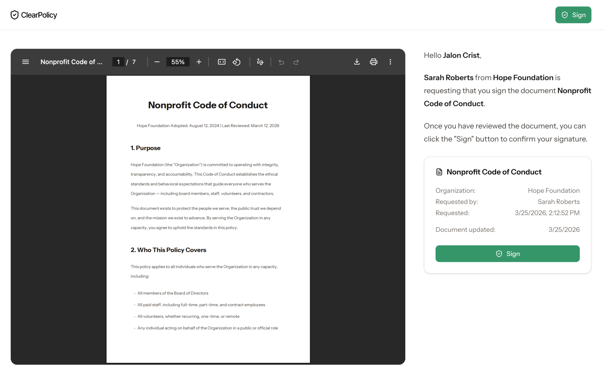 ClearPolicy Acknowledgment Screen