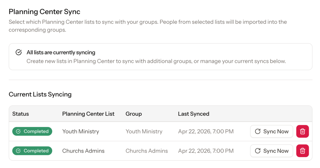 Review active syncs, check the last sync time, and run a manual sync when needed.