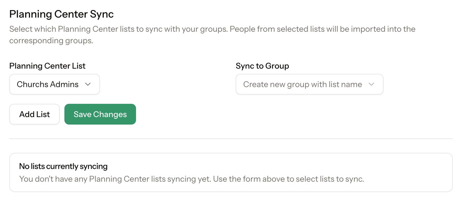 Set up a new sync by selecting a Planning Center list and mapping it to a ClearPolicy group.