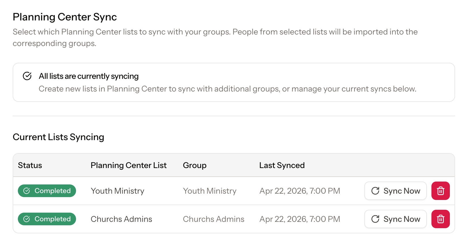 Review active syncs, check the last sync time, and run a manual sync when needed.