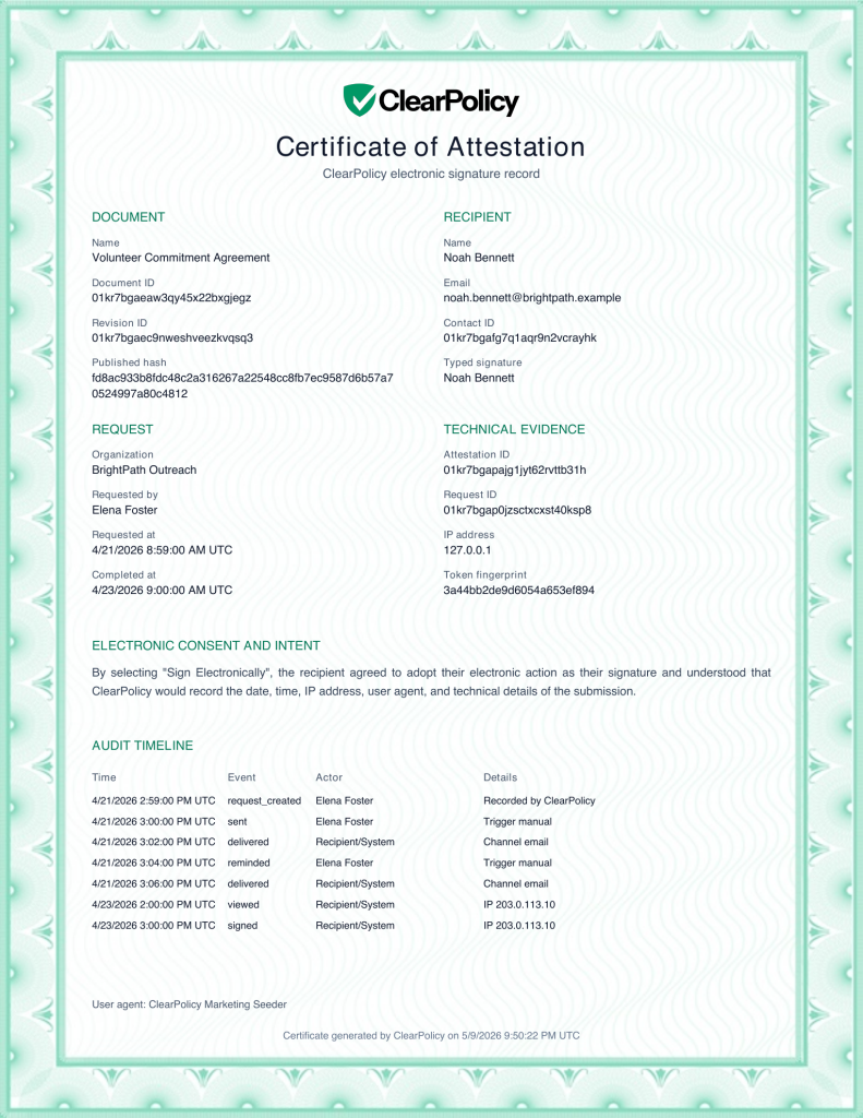 ClearPolicy Attestation Signature Receipt Certificate For Nonprofits