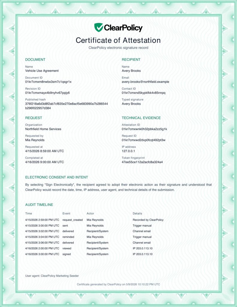 ClearPolicy Attestation Signature Receipt Certificate ClearPolicy Attestation Signature Receipt Certificate