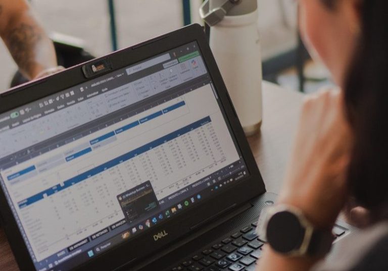 Woman working on a laptop with spreadsheet data.